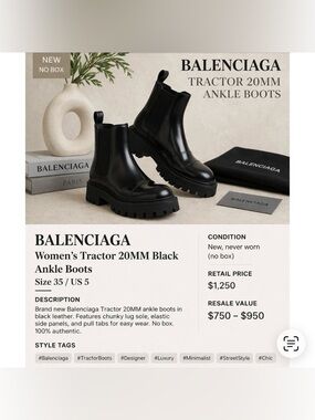 Balenciaga Tractor 20MM Black Leather Ankle Boots Size 35 (US 5) NWOB